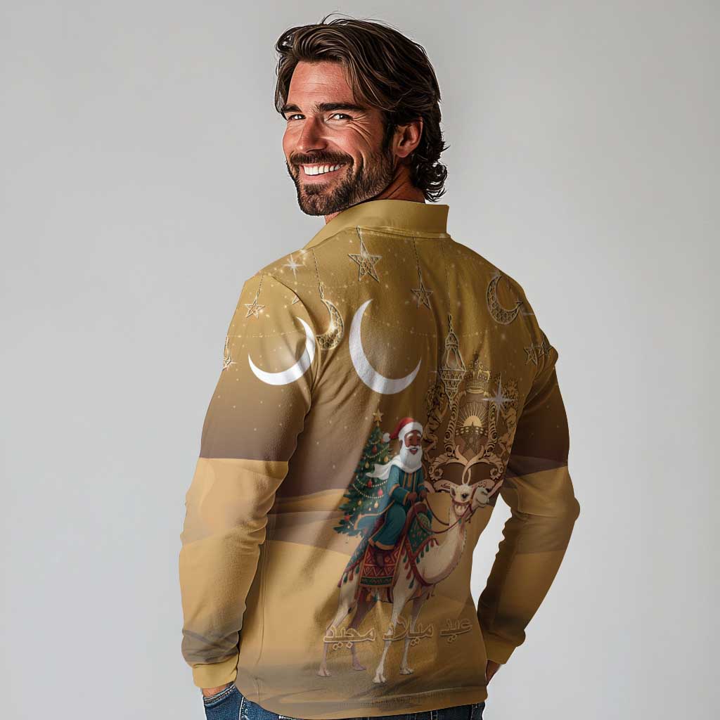 Morocco Christmas in Sahara Long Sleeve Polo Shirt Black Santa Riding Camel - Wonder Print Shop