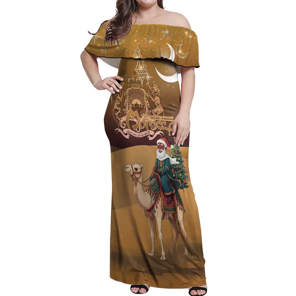 Morocco Christmas in Sahara Off Shoulder Maxi Dress Black Santa Riding Camel - Wonder Print Shop