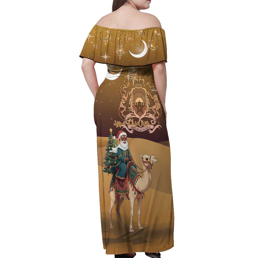 Morocco Christmas in Sahara Off Shoulder Maxi Dress Black Santa Riding Camel - Wonder Print Shop