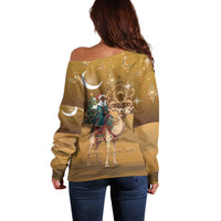 Morocco Christmas in Sahara Off Shoulder Sweater Black Santa Riding Camel - Wonder Print Shop