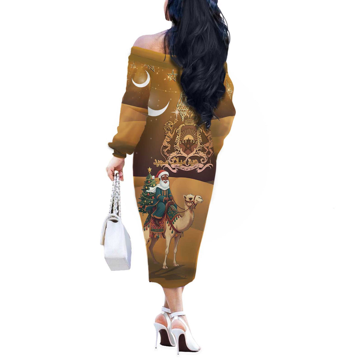 Morocco Christmas in Sahara Off The Shoulder Long Sleeve Dress Black Santa Riding Camel - Wonder Print Shop