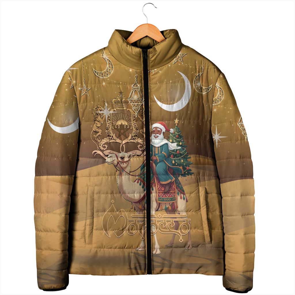 Morocco Christmas in Sahara Padded Jacket Black Santa Riding Camel - Wonder Print Shop