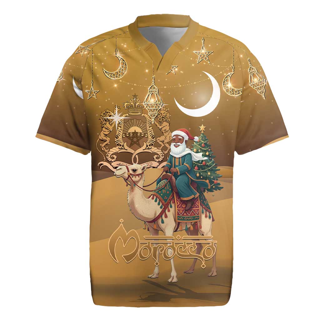 Morocco Christmas in Sahara Rugby Jersey Black Santa Riding Camel - Wonder Print Shop