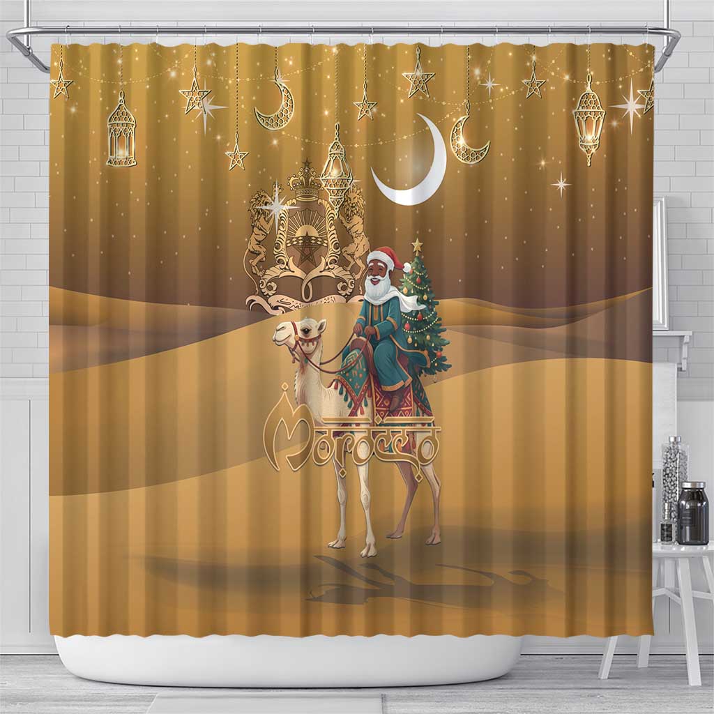Morocco Christmas in Sahara Shower Curtain Black Santa Riding Camel - Wonder Print Shop