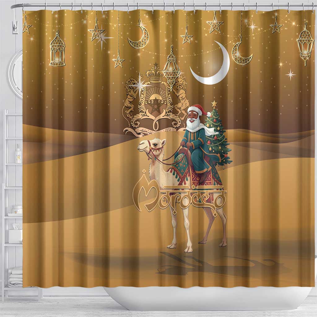 Morocco Christmas in Sahara Shower Curtain Black Santa Riding Camel - Wonder Print Shop