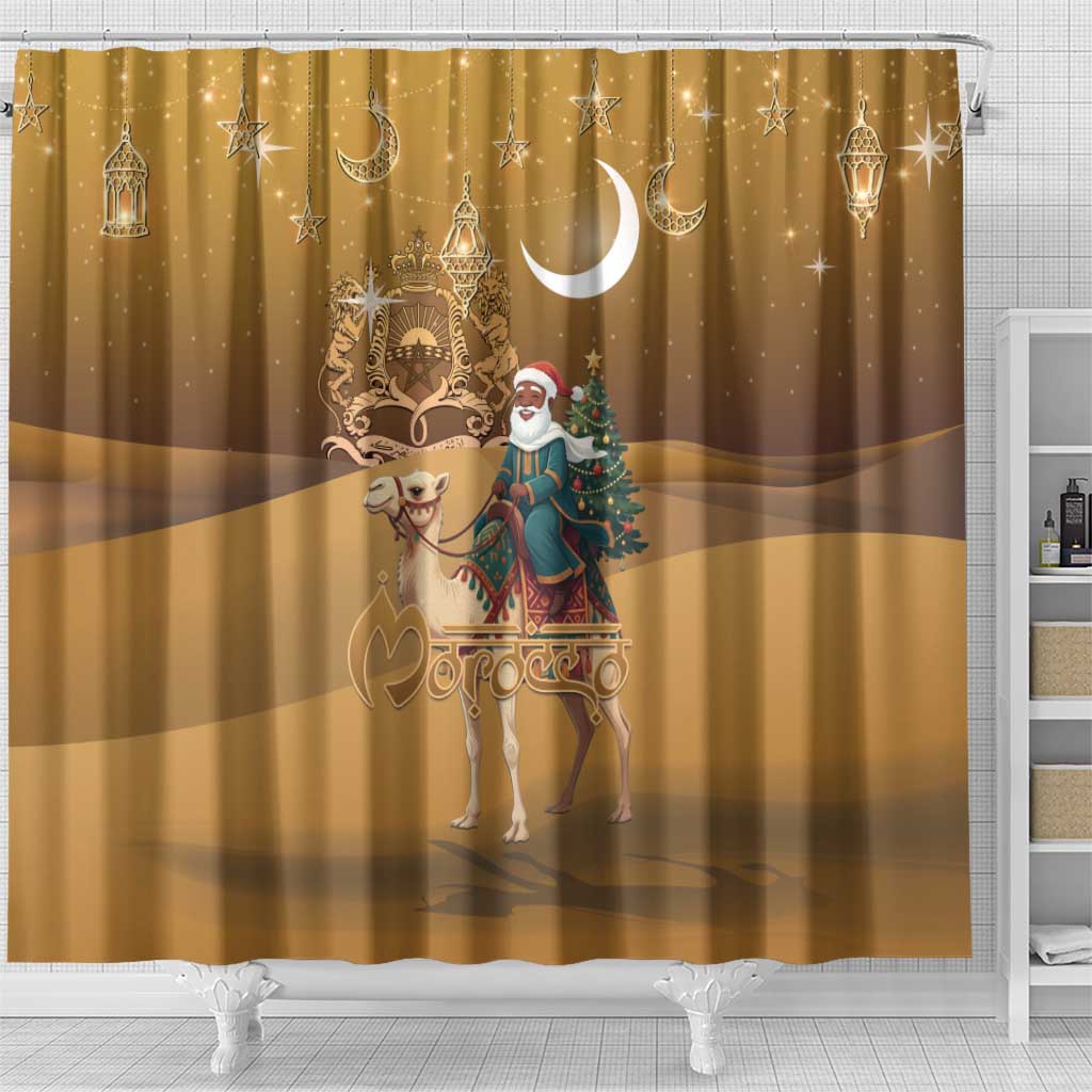 Morocco Christmas in Sahara Shower Curtain Black Santa Riding Camel - Wonder Print Shop