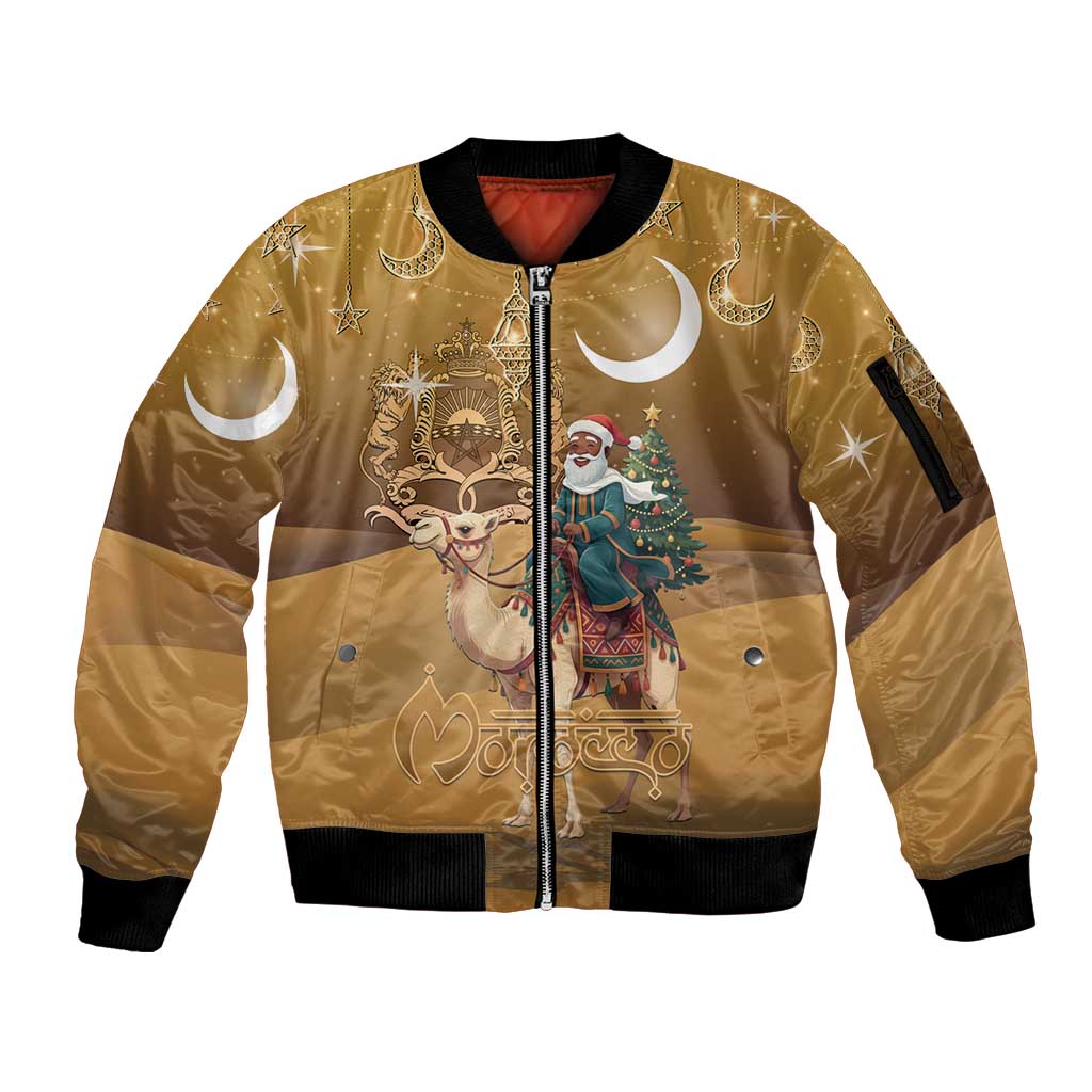 Morocco Christmas in Sahara Sleeve Zip Bomber Jacket Black Santa Riding Camel - Wonder Print Shop