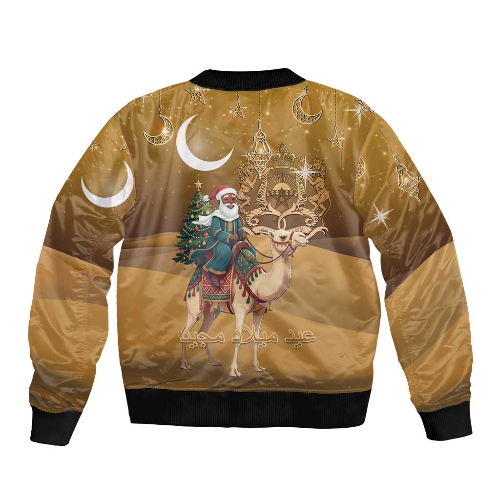 Morocco Christmas in Sahara Sleeve Zip Bomber Jacket Black Santa Riding Camel - Wonder Print Shop
