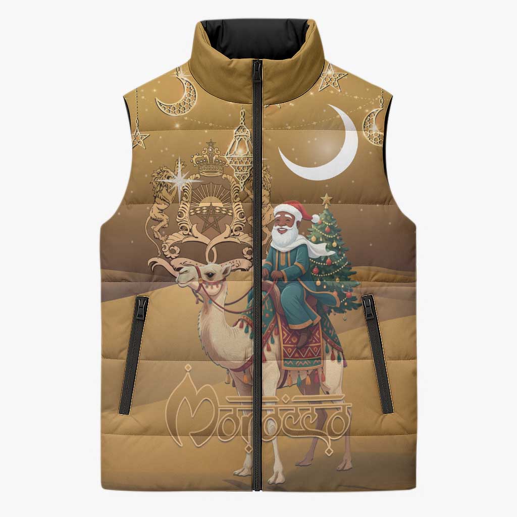 Morocco Christmas in Sahara Sleeveless Puffer Jacket Black Santa Riding Camel - Wonder Print Shop