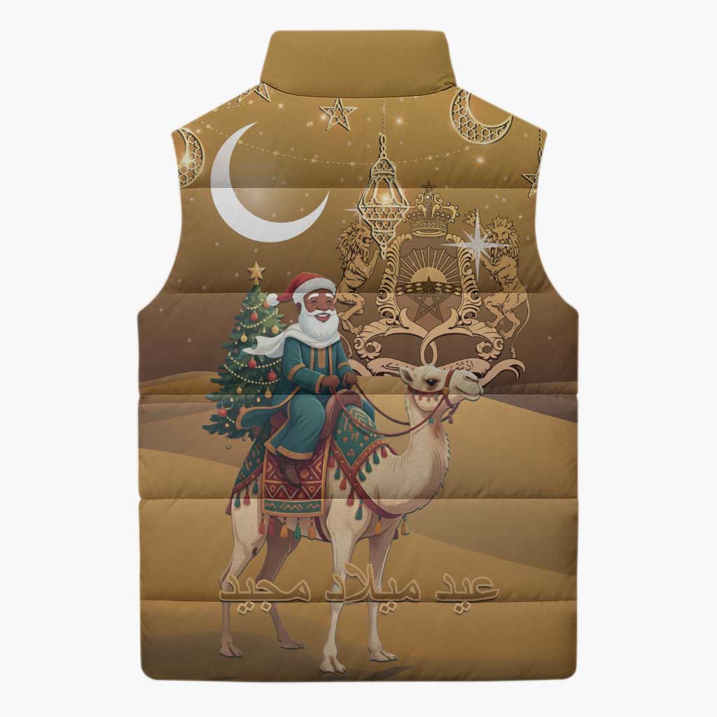Morocco Christmas in Sahara Sleeveless Puffer Jacket Black Santa Riding Camel - Wonder Print Shop