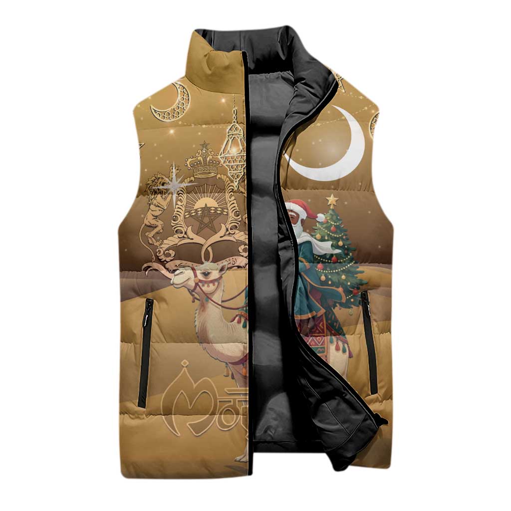 Morocco Christmas in Sahara Sleeveless Puffer Jacket Black Santa Riding Camel - Wonder Print Shop