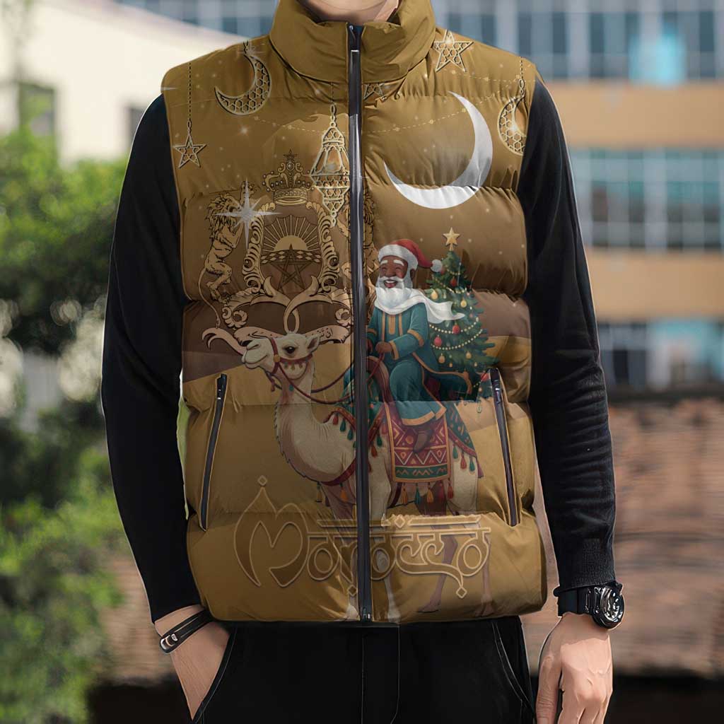 Morocco Christmas in Sahara Sleeveless Puffer Jacket Black Santa Riding Camel - Wonder Print Shop