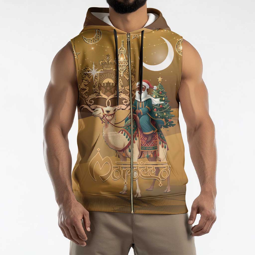 Morocco Christmas in Sahara Sleeveless Zip Hoodie Black Santa Riding Camel - Wonder Print Shop