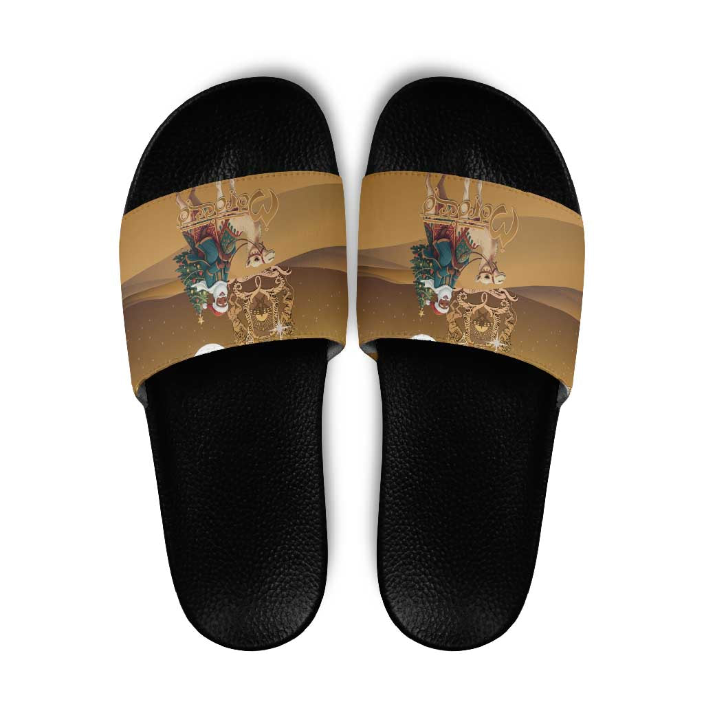 Morocco Christmas in Sahara Slide Sandals Black Santa Riding Camel - Wonder Print Shop