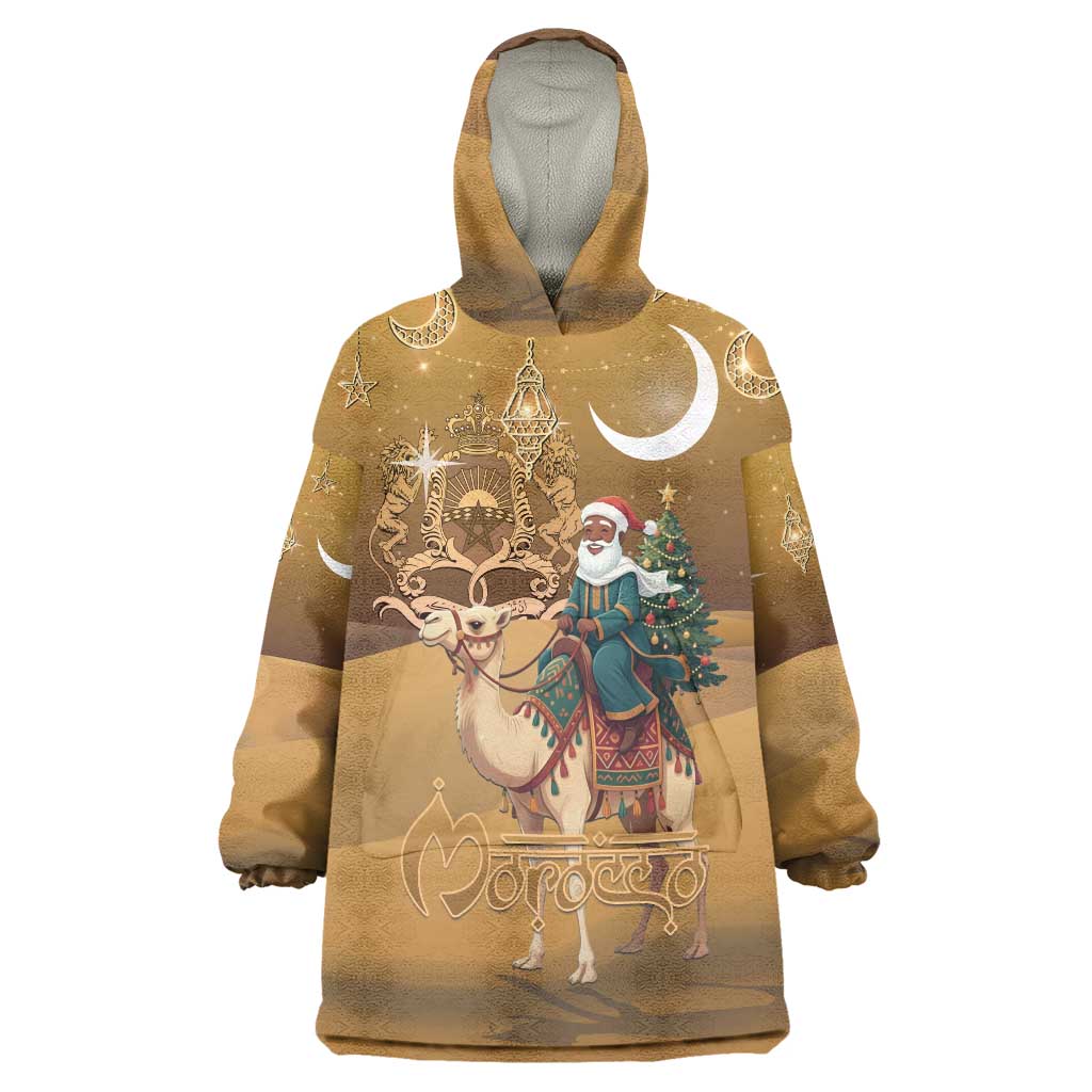 Morocco Christmas in Sahara Wearable Blanket Hoodie Black Santa Riding Camel - Wonder Print Shop
