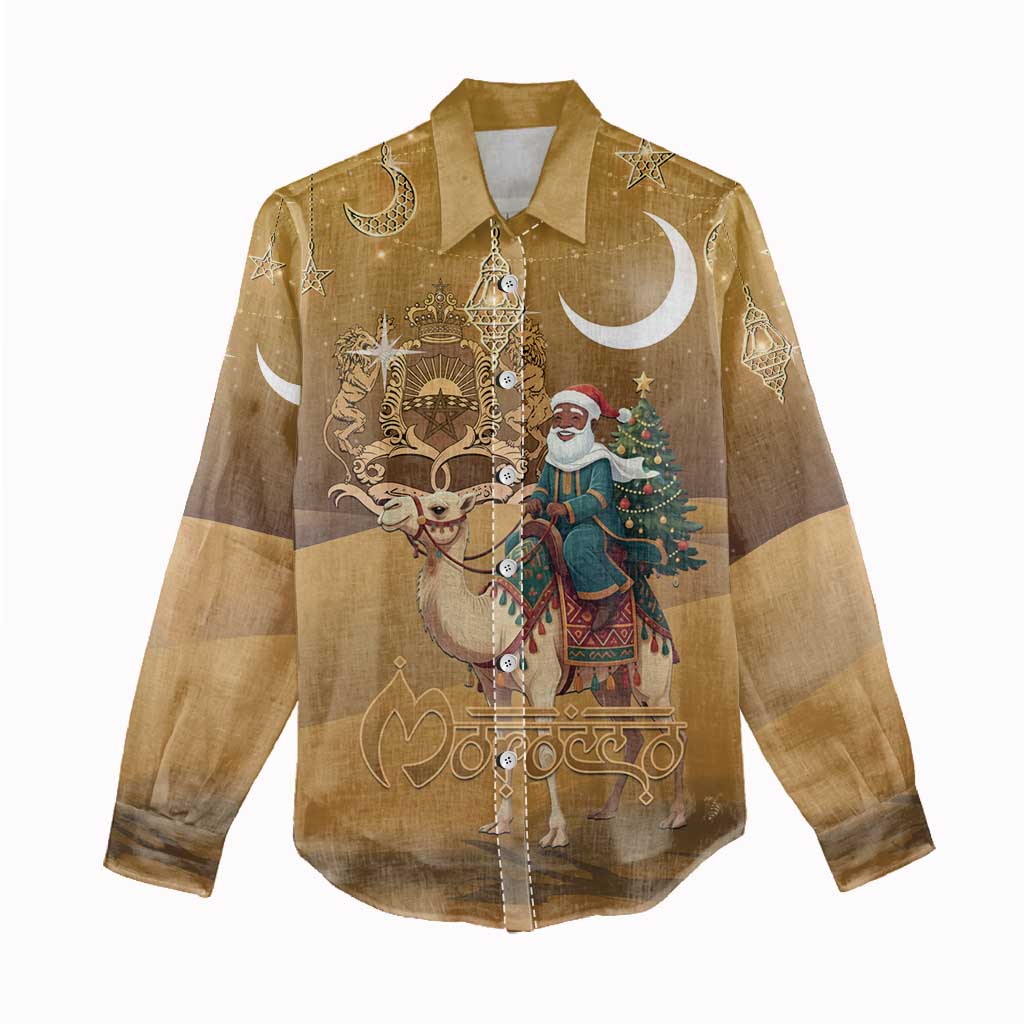 Morocco Christmas in Sahara Women Casual Shirt Black Santa Riding Camel - Wonder Print Shop