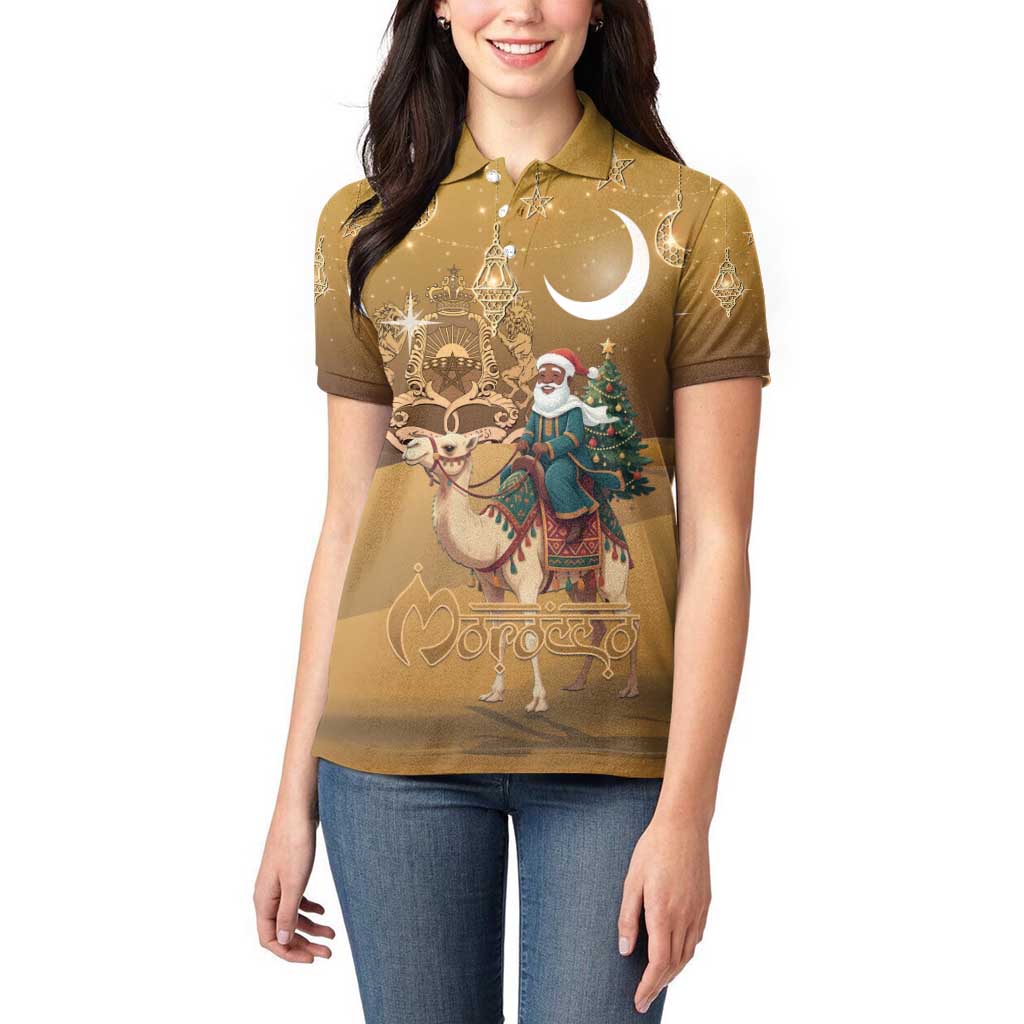 Morocco Christmas in Sahara Women Polo Shirt Black Santa Riding Camel - Wonder Print Shop