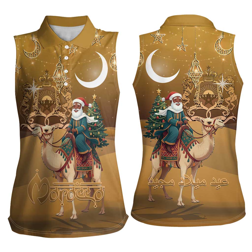 Morocco Christmas in Sahara Women Sleeveless Polo Shirt Black Santa Riding Camel - Wonder Print Shop