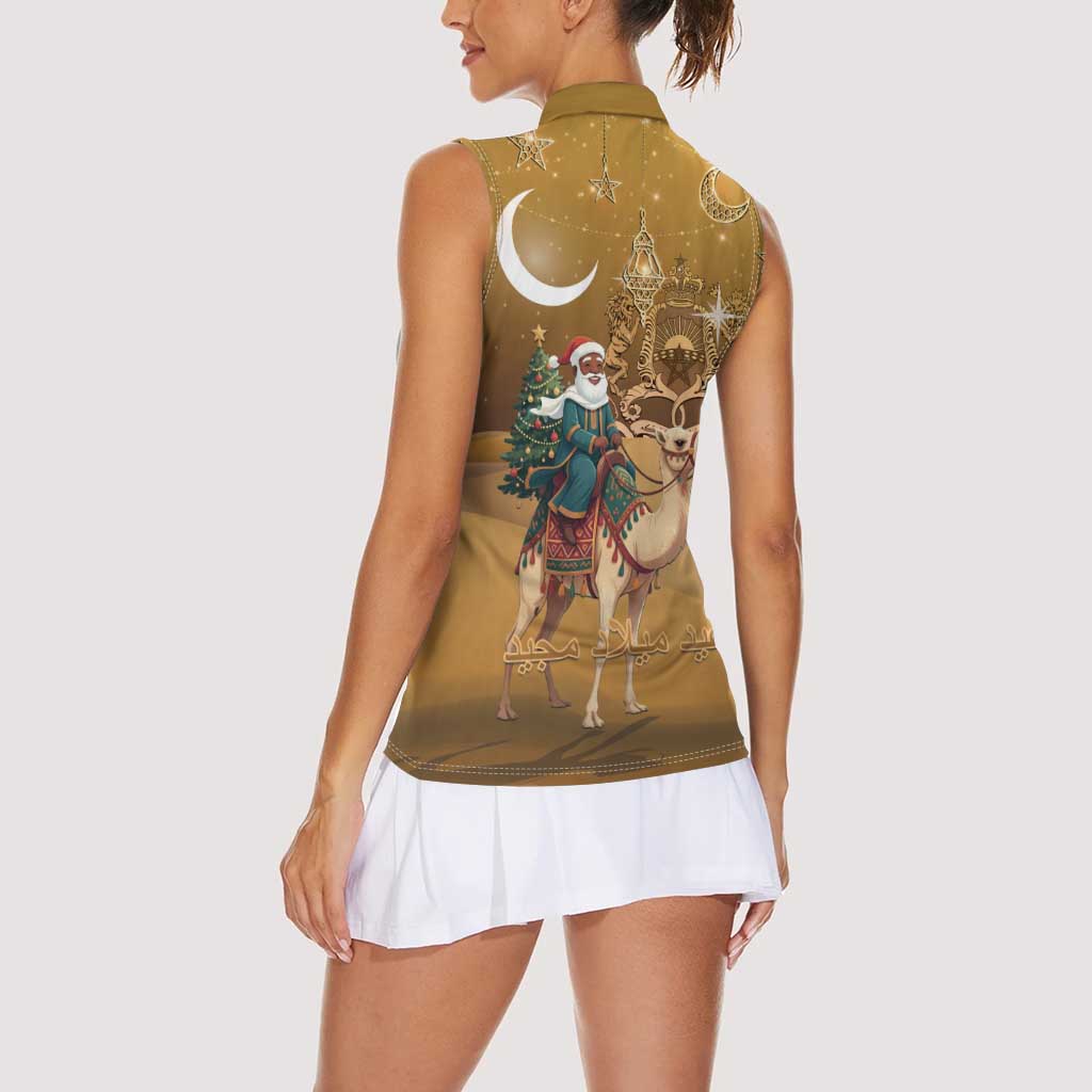 Morocco Christmas in Sahara Women Sleeveless Polo Shirt Black Santa Riding Camel - Wonder Print Shop