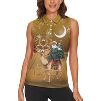 Morocco Christmas in Sahara Women Sleeveless Polo Shirt Black Santa Riding Camel - Wonder Print Shop