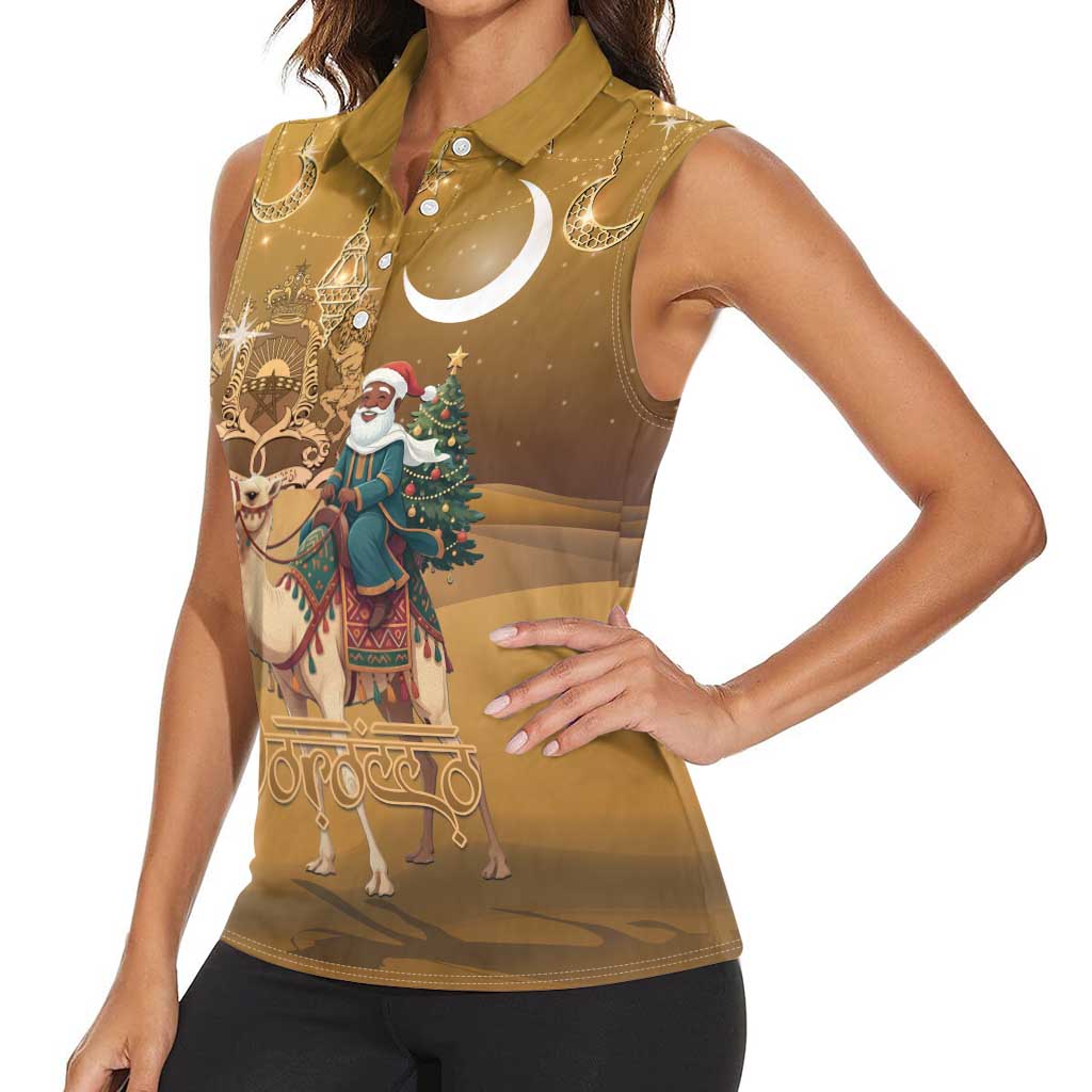 Morocco Christmas in Sahara Women Sleeveless Polo Shirt Black Santa Riding Camel - Wonder Print Shop
