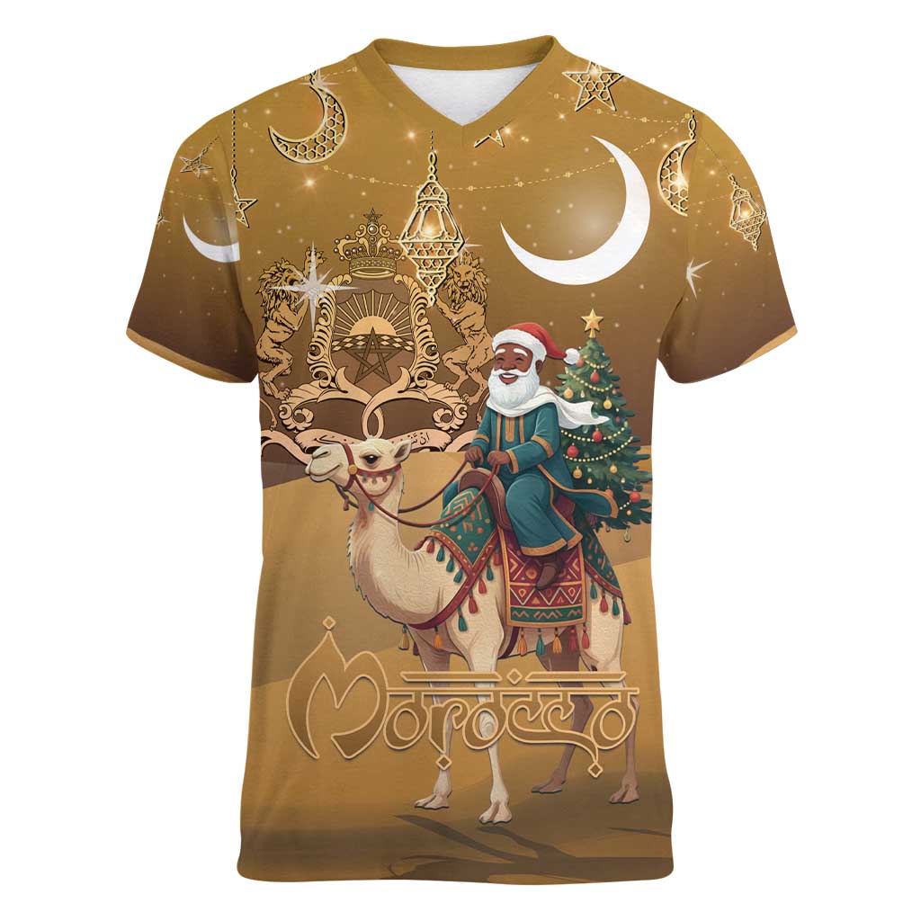 Morocco Christmas in Sahara Women V-Neck T-Shirt Black Santa Riding Camel - Wonder Print Shop
