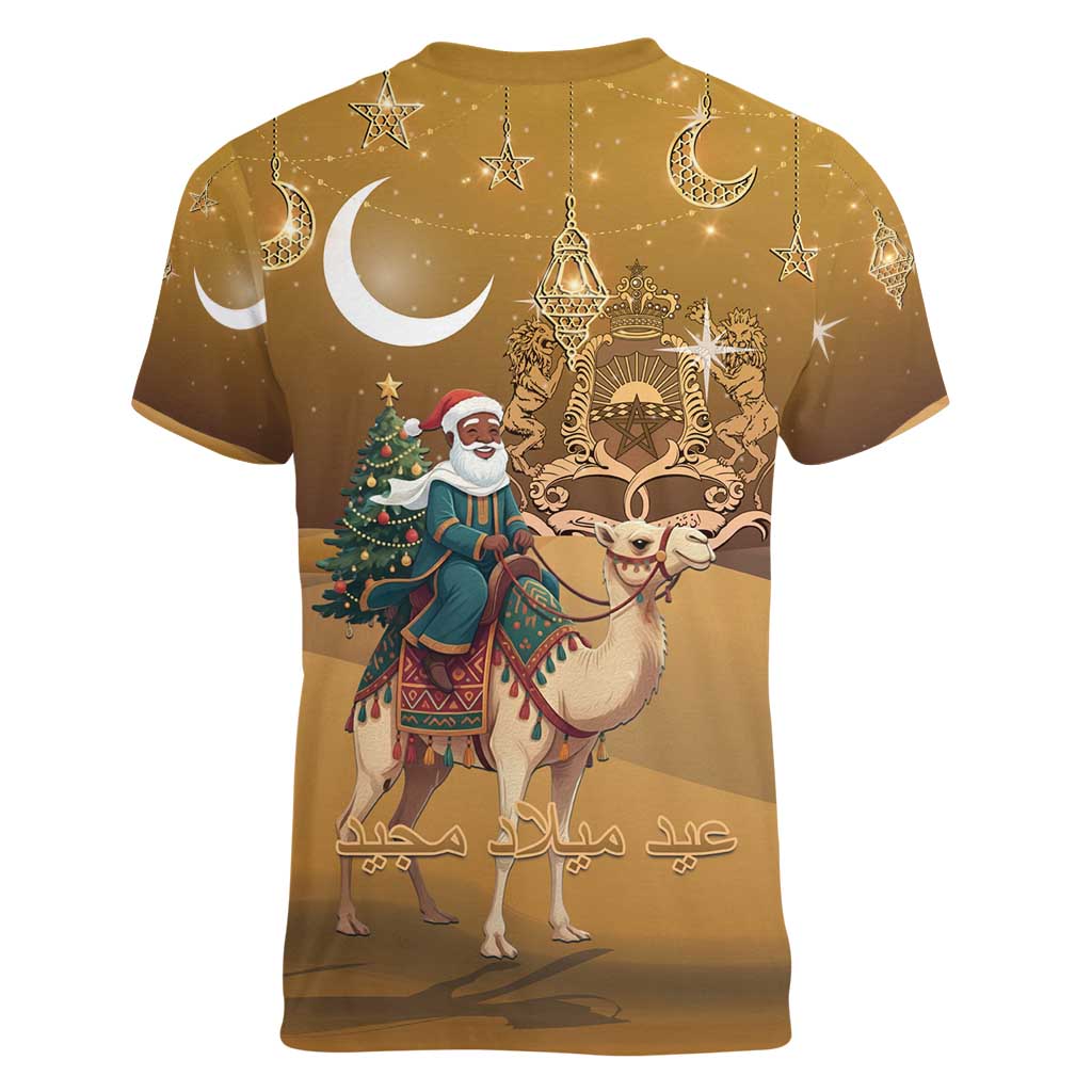 Morocco Christmas in Sahara Women V-Neck T-Shirt Black Santa Riding Camel - Wonder Print Shop