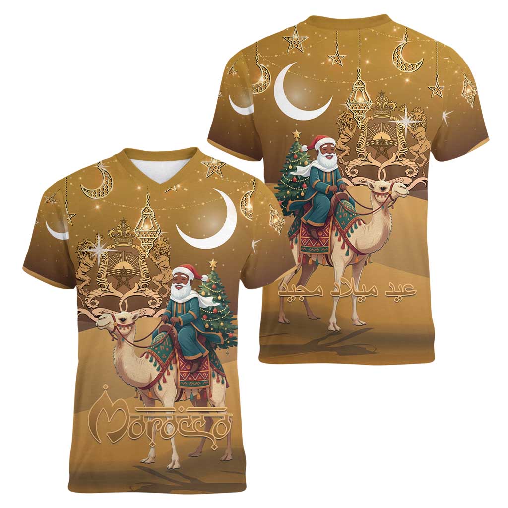 Morocco Christmas in Sahara Women V-Neck T-Shirt Black Santa Riding Camel - Wonder Print Shop
