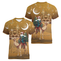Morocco Christmas in Sahara Women V-Neck T-Shirt Black Santa Riding Camel - Wonder Print Shop