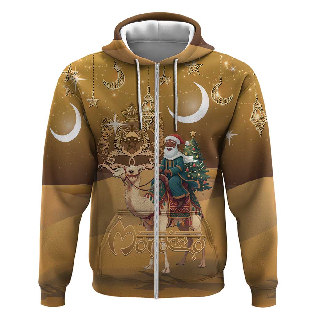 Morocco Christmas in Sahara Zip Hoodie Black Santa Riding Camel - Wonder Print Shop