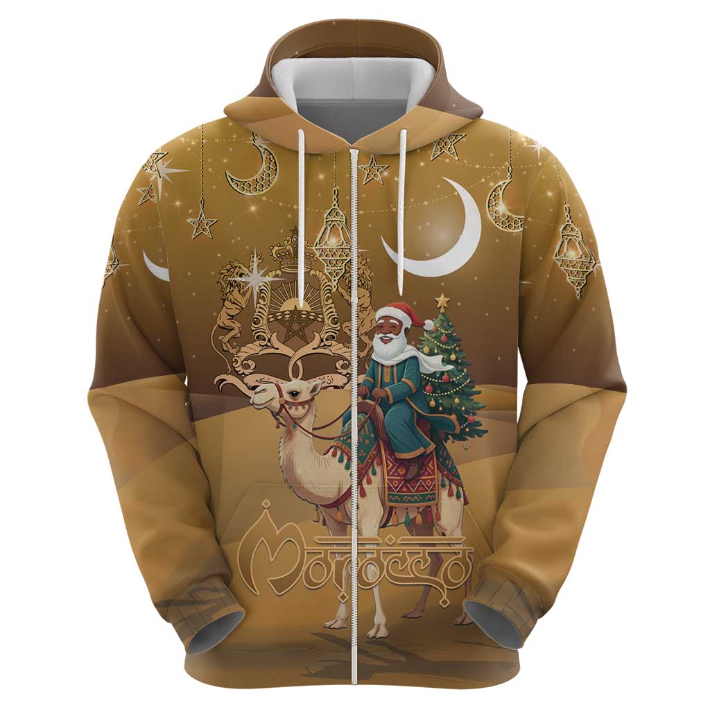 Morocco Christmas in Sahara Zip Hoodie Black Santa Riding Camel - Wonder Print Shop