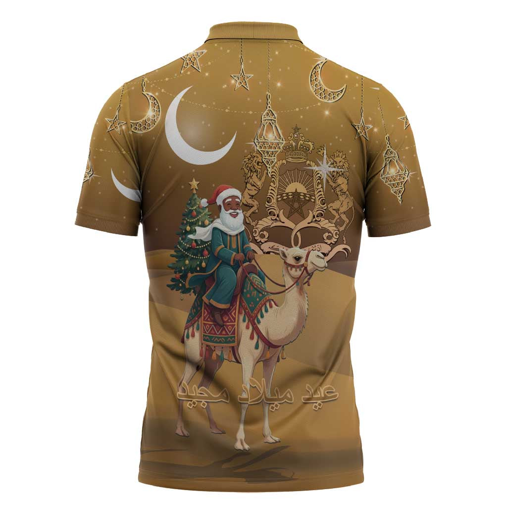 Morocco Christmas in Sahara Zipper Polo Shirt Black Santa Riding Camel - Wonder Print Shop