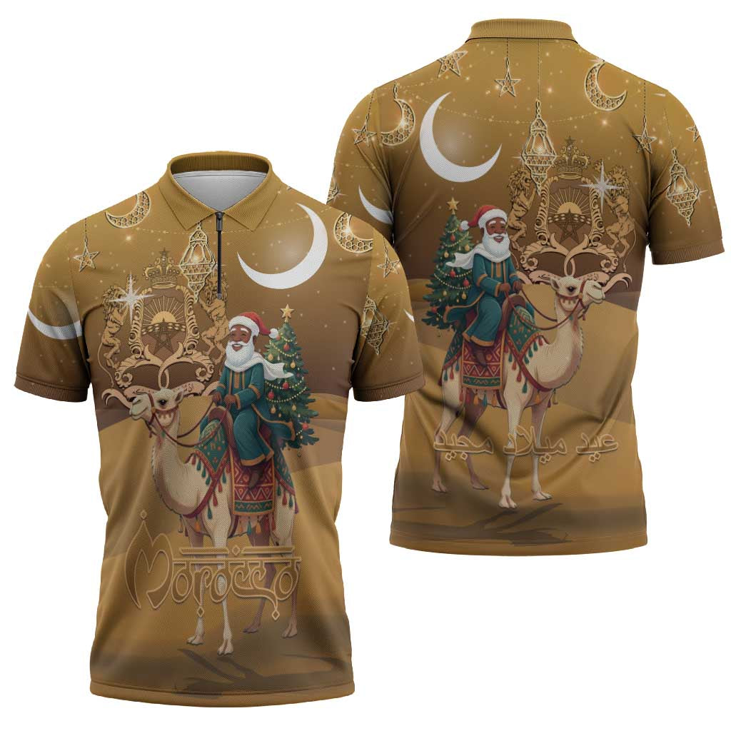 Morocco Christmas in Sahara Zipper Polo Shirt Black Santa Riding Camel - Wonder Print Shop