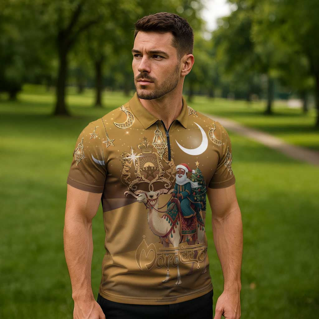 Morocco Christmas in Sahara Zipper Polo Shirt Black Santa Riding Camel - Wonder Print Shop