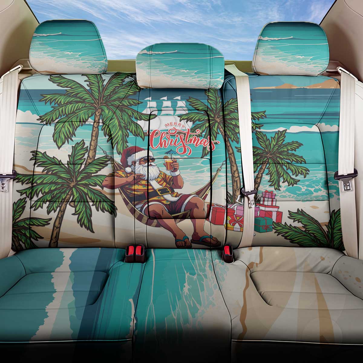 Liberia Christmas Back Car Seat Cover Santa Chill on Tropical Beach - Wonder Print Shop