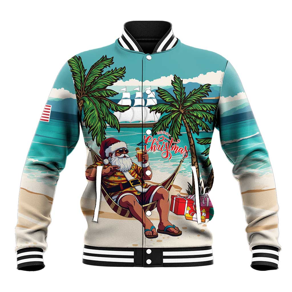 Liberia Christmas Baseball Jacket Santa Chill on Tropical Beach - Wonder Print Shop