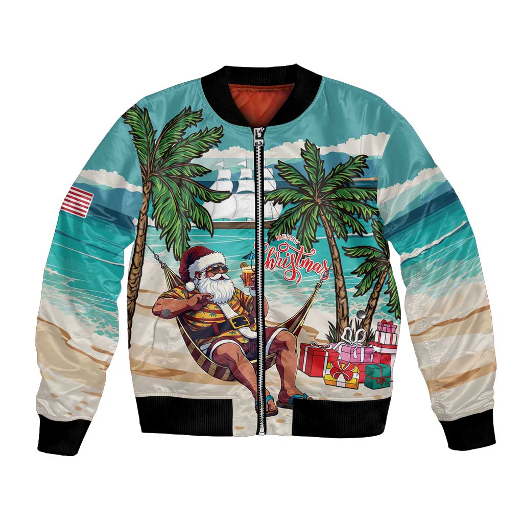 Liberia Christmas Bomber Jacket Santa Chill on Tropical Beach - Wonder Print Shop