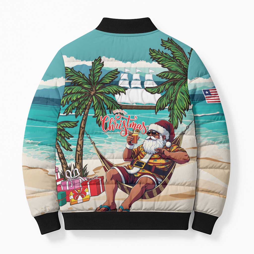 Liberia Christmas Bomber Puffer Jacket Santa Chill on Tropical Beach - Wonder Print Shop