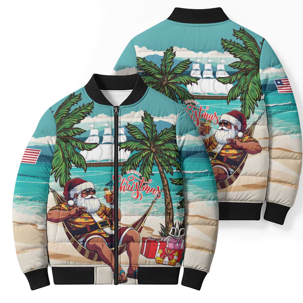 Liberia Christmas Bomber Puffer Jacket Santa Chill on Tropical Beach - Wonder Print Shop