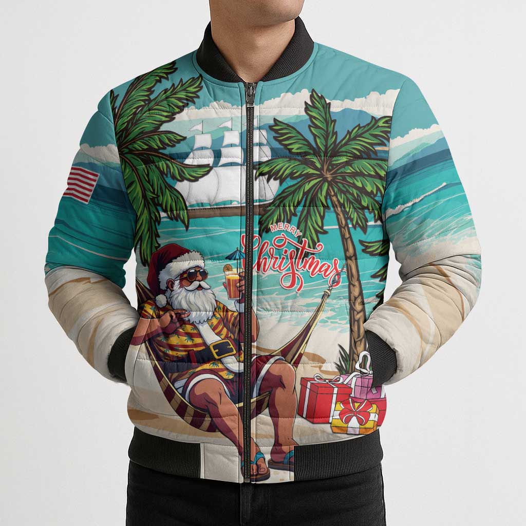 Liberia Christmas Bomber Puffer Jacket Santa Chill on Tropical Beach - Wonder Print Shop