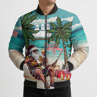 Liberia Christmas Bomber Puffer Jacket Santa Chill on Tropical Beach - Wonder Print Shop