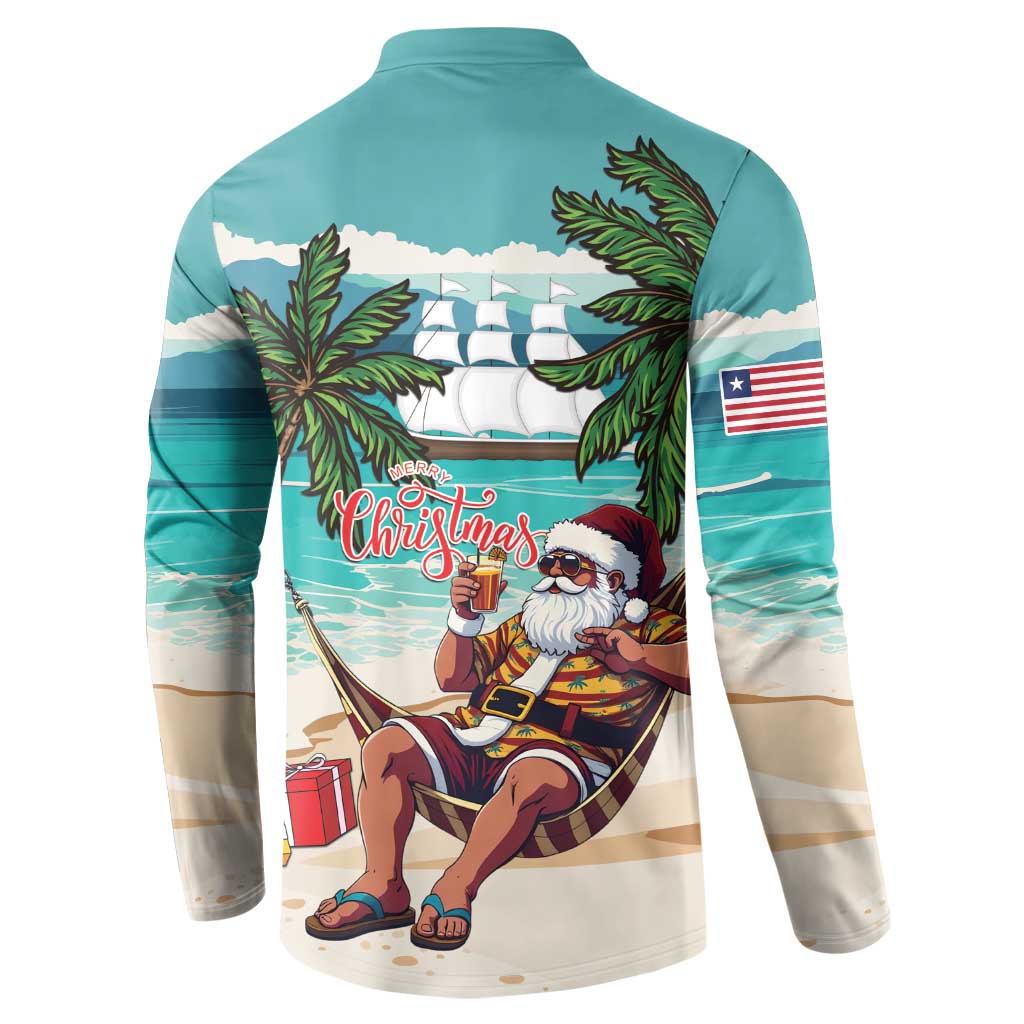 Liberia Christmas Button Sweatshirt Santa Chill on Tropical Beach - Wonder Print Shop