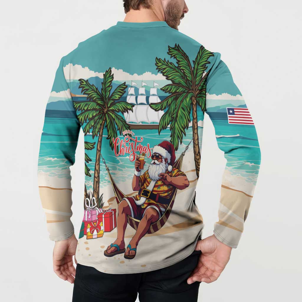 Liberia Christmas Button Sweatshirt Santa Chill on Tropical Beach - Wonder Print Shop