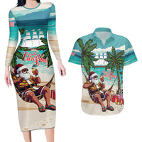 Liberia Christmas Couples Matching Long Sleeve Bodycon Dress and Hawaiian Shirt Santa Chill on Tropical Beach - Wonder Print Shop