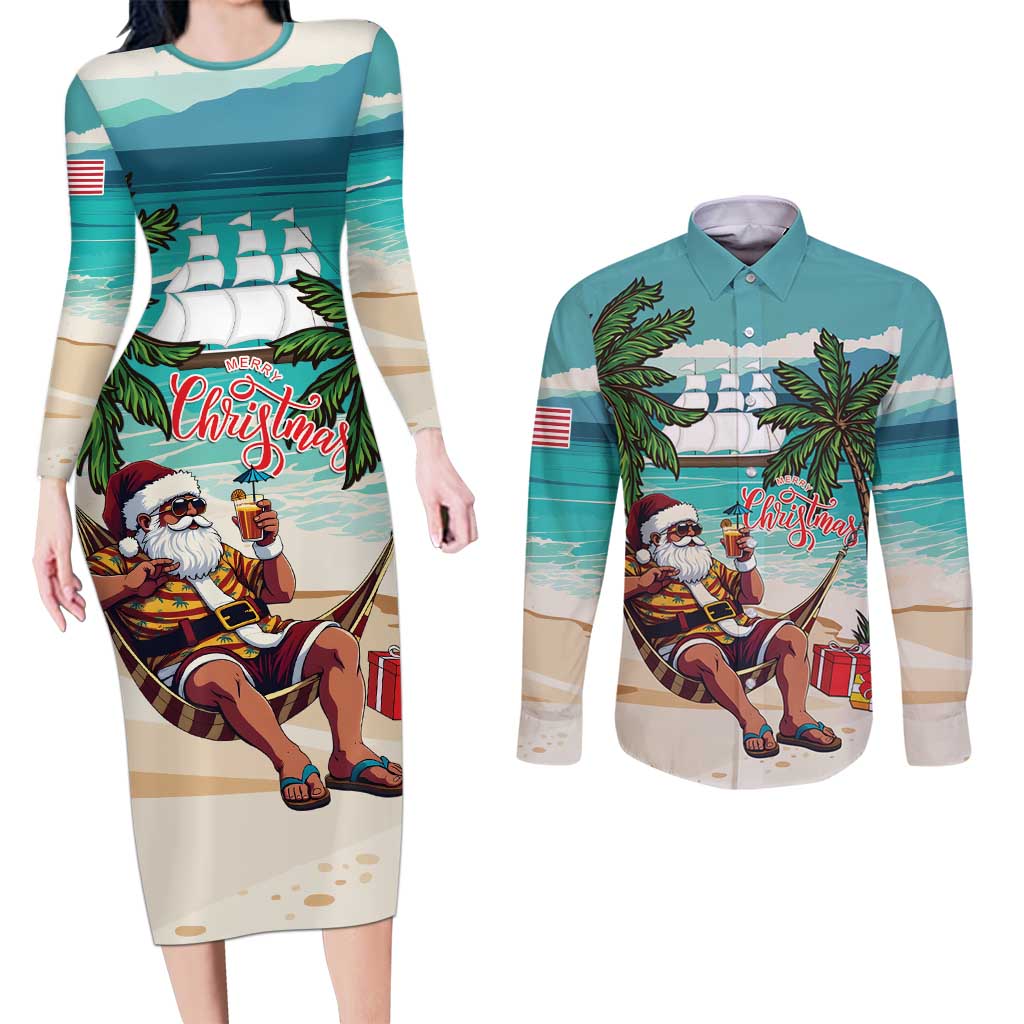 Liberia Christmas Couples Matching Long Sleeve Bodycon Dress and Long Sleeve Button Shirt Santa Chill on Tropical Beach - Wonder Print Shop