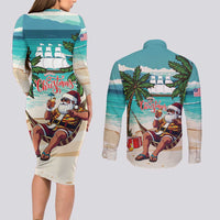 Liberia Christmas Couples Matching Long Sleeve Bodycon Dress and Long Sleeve Button Shirt Santa Chill on Tropical Beach - Wonder Print Shop
