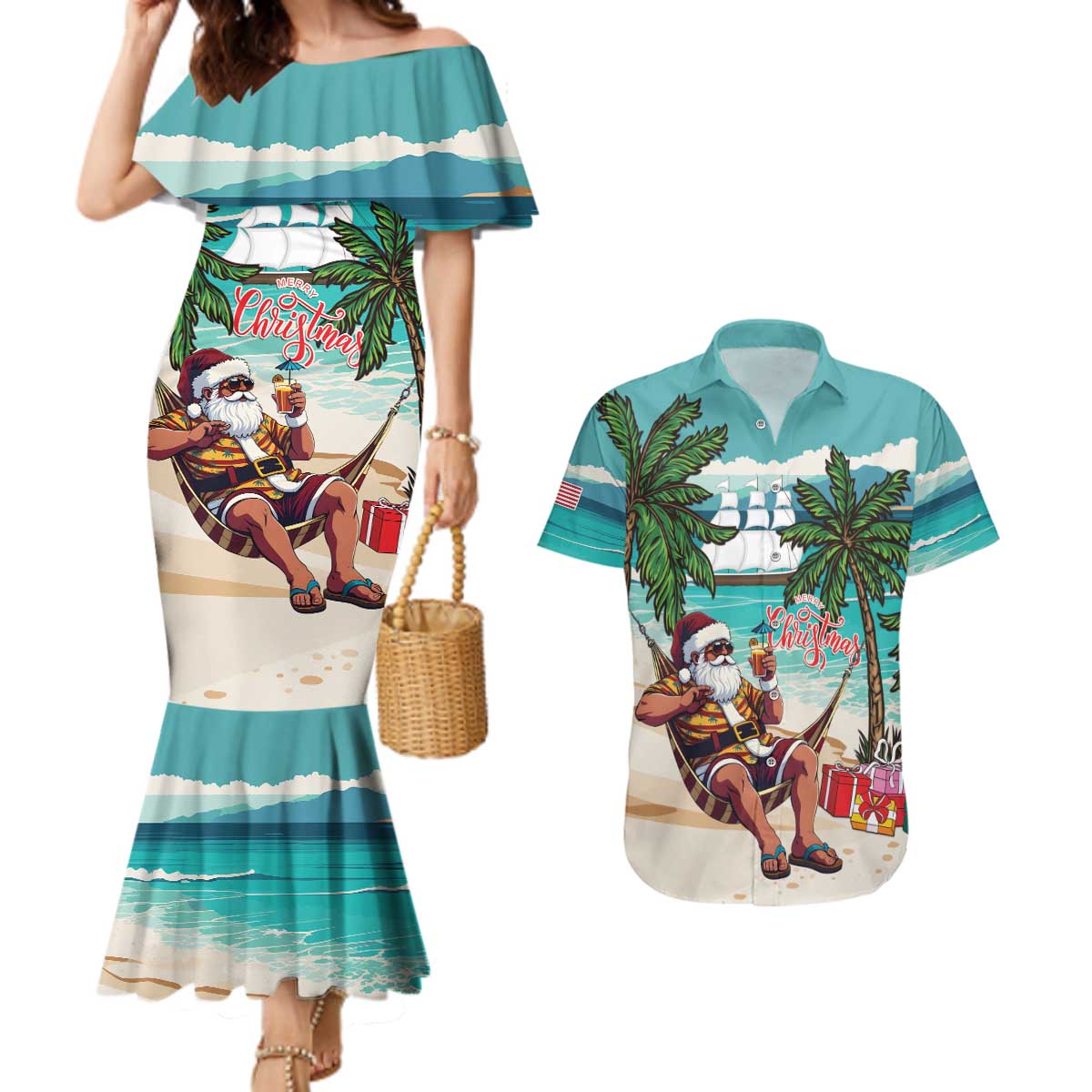 Liberia Christmas Couples Matching Mermaid Dress and Hawaiian Shirt Santa Chill on Tropical Beach - Wonder Print Shop