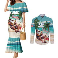 Liberia Christmas Couples Matching Mermaid Dress and Long Sleeve Button Shirt Santa Chill on Tropical Beach - Wonder Print Shop