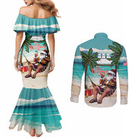 Liberia Christmas Couples Matching Mermaid Dress and Long Sleeve Button Shirt Santa Chill on Tropical Beach - Wonder Print Shop