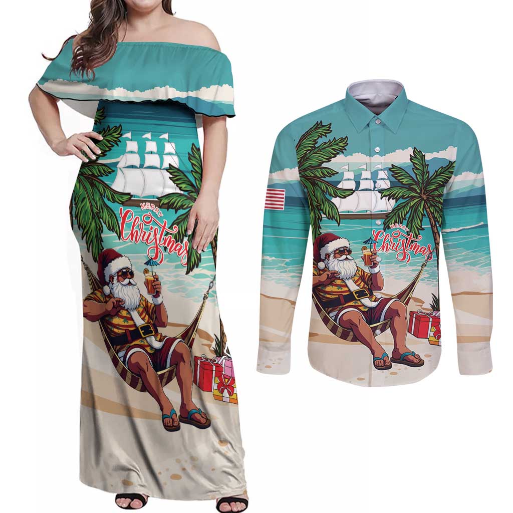 Liberia Christmas Couples Matching Off Shoulder Maxi Dress and Long Sleeve Button Shirt Santa Chill on Tropical Beach - Wonder Print Shop
